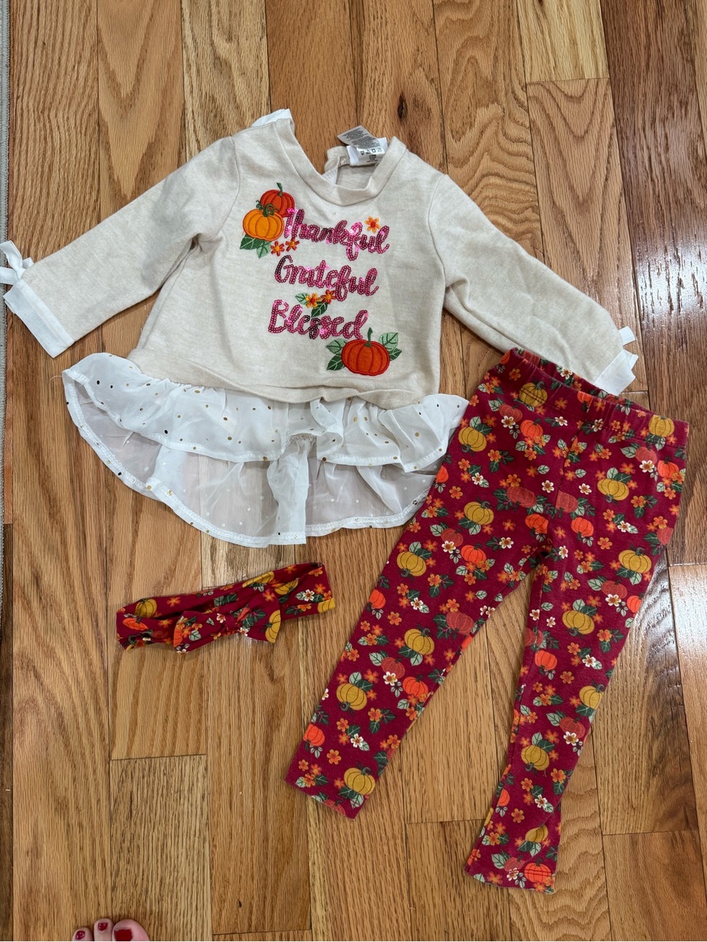 Little Lass Cream Tunic with Red Pumpkin Floral Leggings & Headband